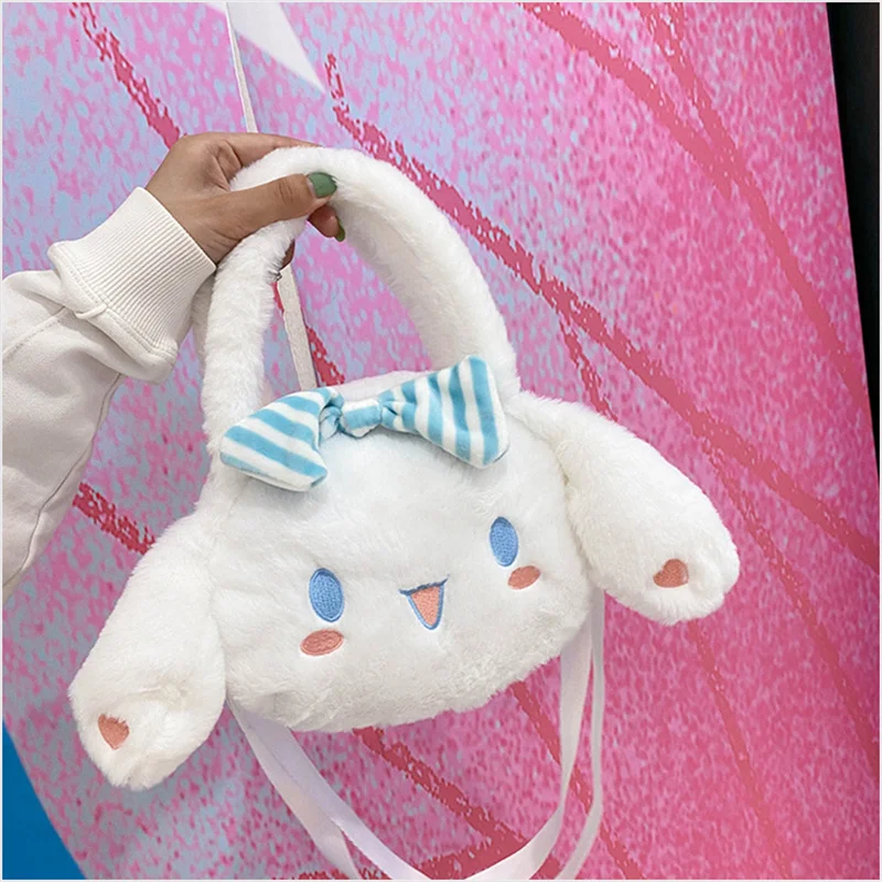 Jocuri si Jucarii - Geanta Pufos Cinnamoroll Fete, Model Kawaii cu Urechi 3D si Fundita, 25x20 cm