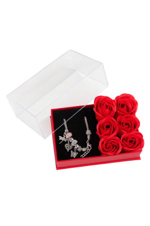 Set cadou cu 6 trandafiri din sapun si bratara, cutie eleganta cu capac transparent, 14x9x5 cm [1]
