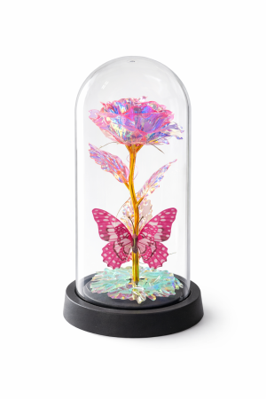 Cupola plastic cu trandafir roz LED si fluture, decor luminos elegant, 20 cm, cutie cadou inclusa [1]
