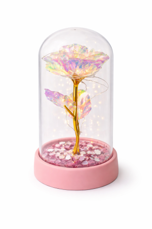 Cupole cu flori din plastic - Cupola plastic cu trandafir irizant LED, baza roz, 15x9 cm