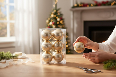 Set 6 globuri Craciun auriu champagne, model fulgi si brad, 23x15.5x7.5cm [1]