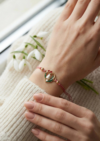 Set 12 Bratari Martisor cu Inimioara Aurie si Ghiocel, Snur Rosu Reglabil, 20x11 cm [2]