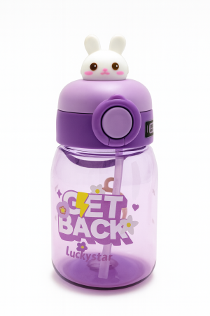 Jucarii Diverse - Sticla Kids Get Back 500ml – Model Violet cu Iepuras, Pai, Capac Flip si Manere Laterale