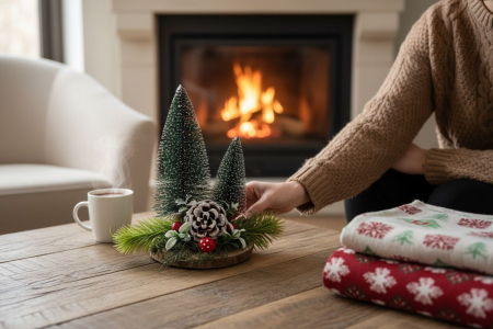 Decor craciun cu brazi mini, con zapacit si baze naturale – aranjament rustic, 16x16cm [1]