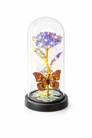 Cupole cu flori din plastic - Cupola plastic cu trandafir alb LED si fluture, decor luminos elegant, 20 cm, cutie cadou