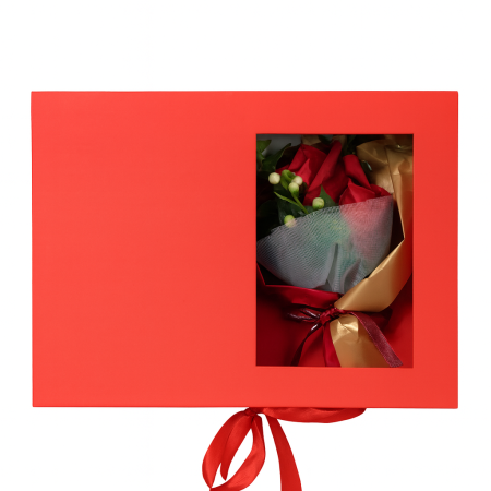 Set cadou premium rosu 25x19x9.5 cm cu flori decorative si difuzor parfum, cutie eleganta + punga [1]