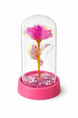 Cupola plastic cu trandafir roz LED, decor romantic, baza roz, cutie cadou [1]