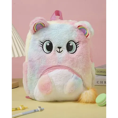 Jocuri si Jucarii - Rucsac Pufos Copii Pastel Curcubeu, Model Ursulet, 32 cm, Material Moale si Urechile 3D
