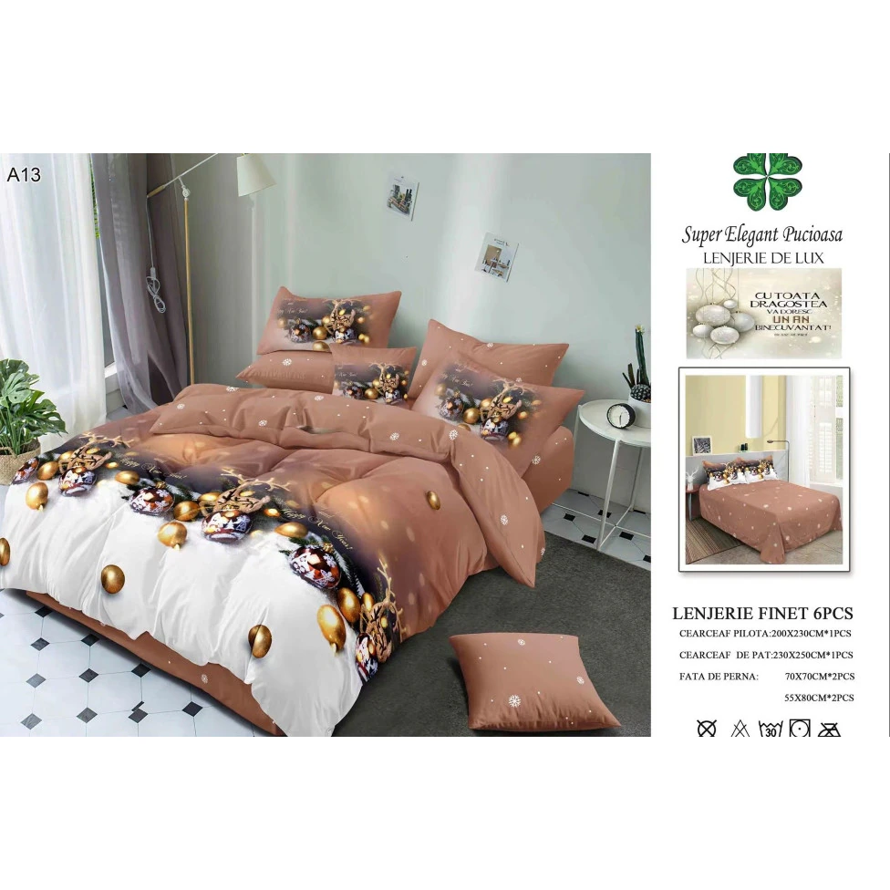 Lenjerie Pat Finet 6 Piese – Model Craciun cu Globuri Aurii & Ren, Maro-Bej, 200x230 cm [1]