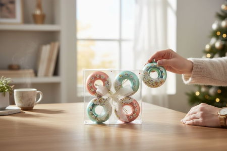 Set Globuri Craciun Tip Donut Diverse Culori cu Sclipici 4 buc, 13.5x13.5cm [3]