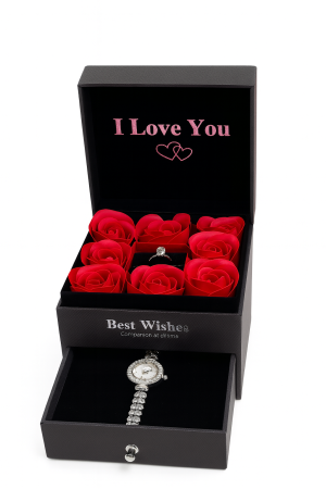 Set Cadou Luxury cu 8 Trandafiri din Sapun, Inel Reglabil si Ceas in Cutie cu Sertar [2]