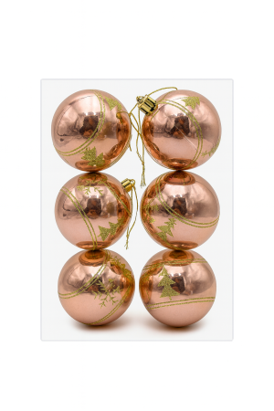 Decoratiuni de Craciun Engros - Set 6 Globuri Rose Gold 8 cm cu Braduti Aurii, Ornamente Craciun