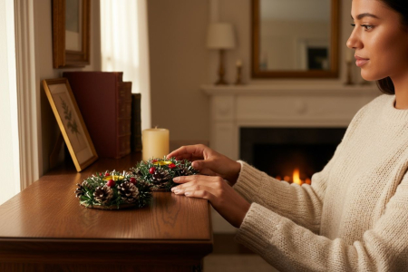 Set 2 suporturi lumanari Craciun cu conuri de brad si decor verde, 20x11cm [2]