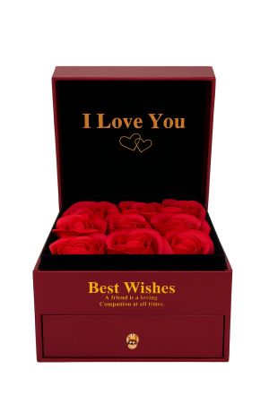 Cutie cadou bordo cu 9 trandafiri de sapun rosii, model cu sertar, punga inclusa, 11x8 cm [1]