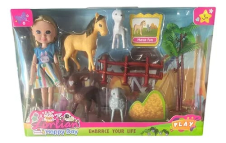 Papusi si accesorii Engros - Set papusa cu animale de la ferma – figurine si accesorii (gard, copaci), joaca de rol, 3+ ani, 28x18cm