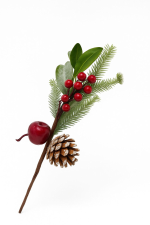 Decoratiuni si ornamente de Craciun Engros - RAMURA DECORATIVA CRACIUN CU CON MAR SI BOABE ROSII, 33cm