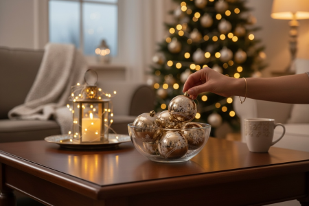 Set 6 Globuri Aurii 8 cm cu Fulgi si Braduti, Ornamente Brad Craciun [1]