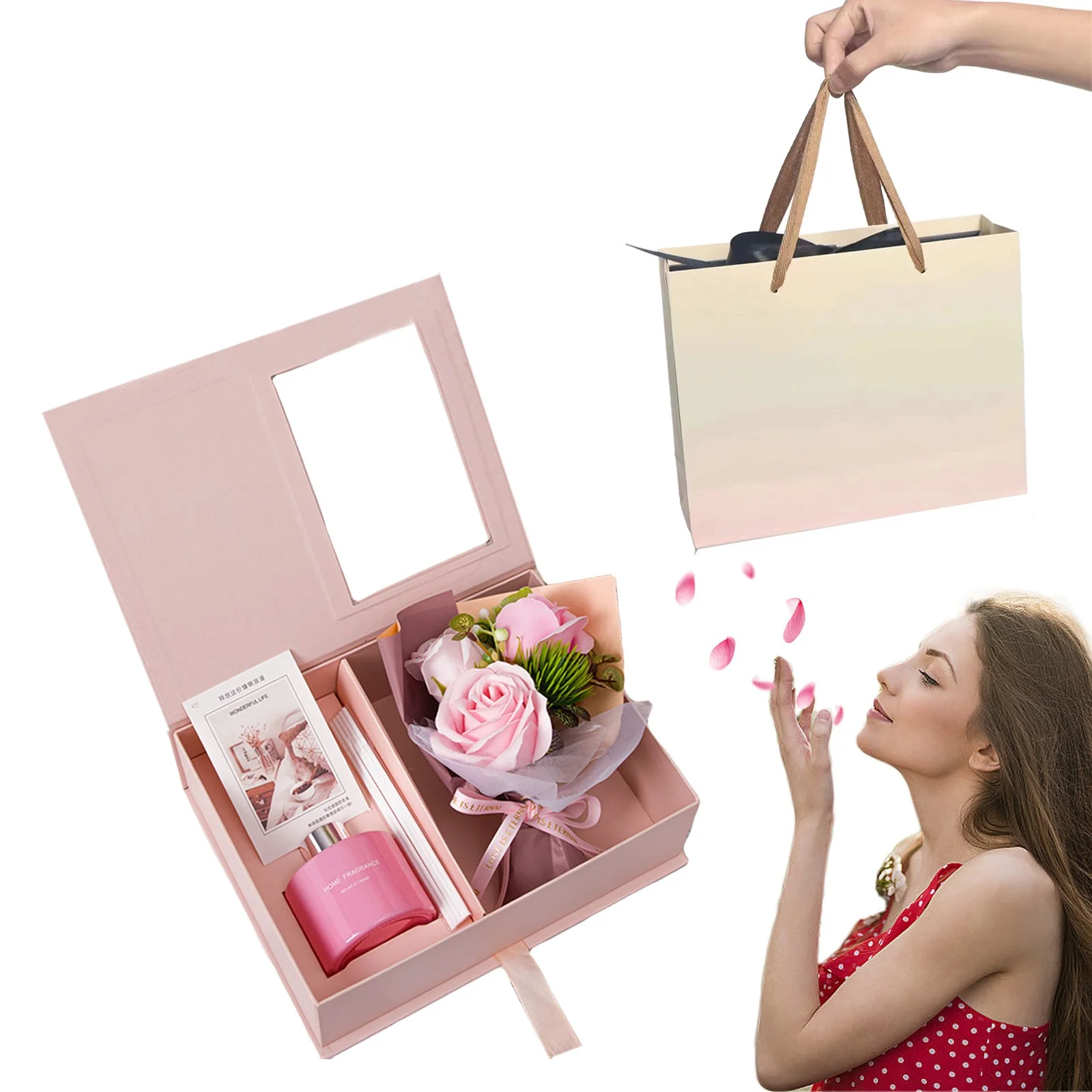 Aranjamente florale si cadouri - Set cadou premium roz 25x19x9.5 cm cu flori decorative si difuzor parfum, cutie eleganta + punga