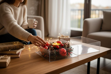 Suport lumanare Craciun cu clopotei rosii si conuri – decor festiv, 10.5x10.5cm [3]