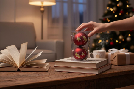 Set 2 globuri Craciun rosu cu decor auriu, 19.5x10x10cm [2]