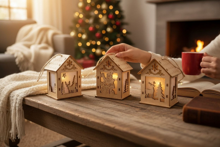 Casuta decor lemn Craciun cu lumini LED, model ren / Mos Craciun / om de zapada, 8x5.5x5cm [1]