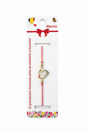 Martisoare - Set 12 bratari martisor cu ghiocel stilizat, snur rosu alb, ambalate individual