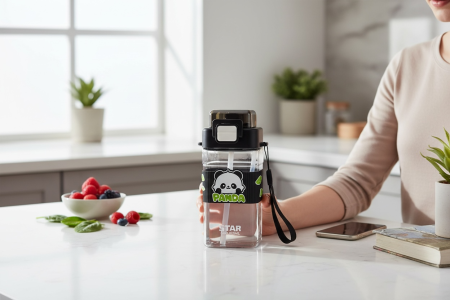 Sticla Panda Star 650ml – Model Premium cu Bretea, Pai si Capac Flip Black Edition [2]