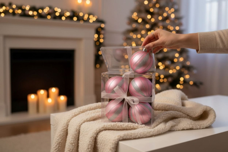 Set 4 globuri roz cu sclipici argintiu – ornamente brad Craciun, 16x16x7cm [1]