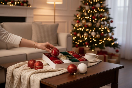 Set 12 Globuri Craciun Catifea Fina Rosu Verde Alb , Model Mix, 24x18x6cm [1]