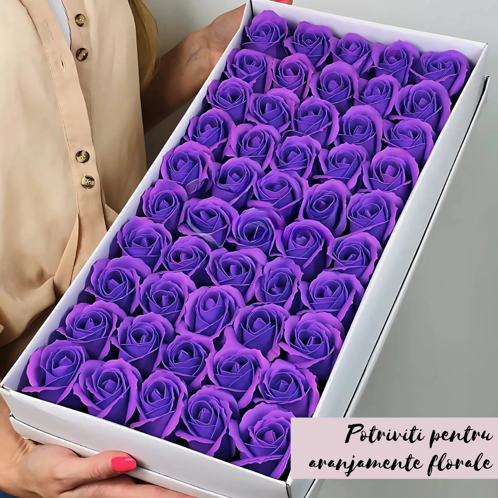 Cutie 50 trandafiri mov din sapun – flori artificiale parfumate pentru cadouri si decor [1]