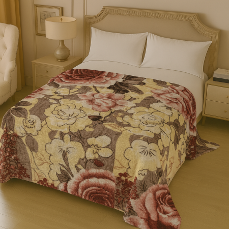 Paturi cocolino Engros - Patura Cocolino 200x230 crem cu flori roz si maro, pufoasa pentru pat dublu