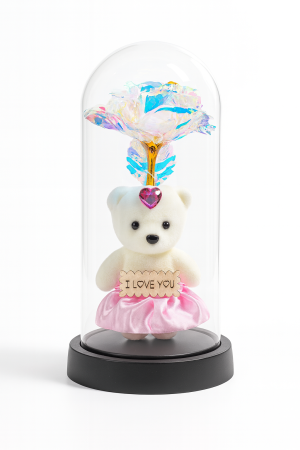 Cupola cu Ursulet Roz si Trandafir Auriu LED, Aranjament Cadou 22x11cm [1]