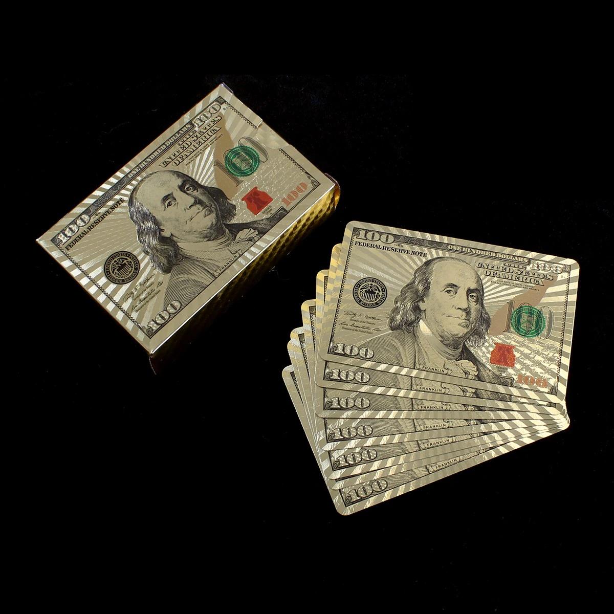 Carti de Joc Luxury cu Cutie Tip 100 USD, Set Premium Metalic, Poker Edition [1]