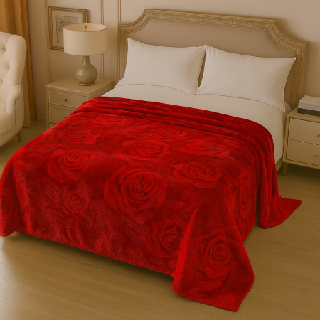 Paturi cocolino Engros - Patura Cocolino rosie 200x230 cu model 3D trandafiri, pufoasa pentru pat dublu