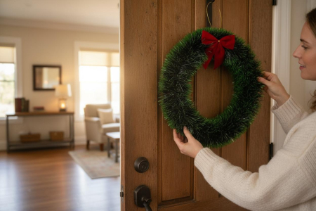 Coronita decorativa Craciun cu funda rosie – model clasic pentru usa sau perete, 30cm [1]