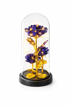 Cupole cu flori din plastic - Cupola plastic cu 3 trandafiri albastri LED, decor luminos elegant, 20 cm, cutie cadou