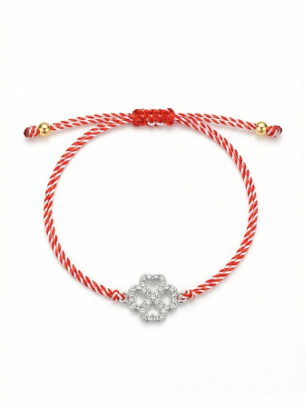 Set 12 Bratari Martisor cu Trifoi Argintiu cu Strasuri, Snur Rosu Reglabil, 20x11 cm [1]