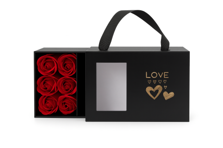 Set cadou cu 6 trandafiri de sapun rosii, cutie neagra tip poseta cu fereastra, 15x9.5x5 cm [2]
