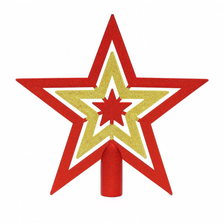 Decoratiuni de Craciun Engros - Varf brad stea rosie cu stea aurie interioara pentru decor Craciun, 18x17cm