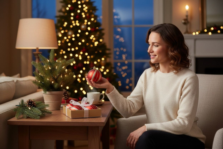 Set 4 globuri rosu cu sclipici auriu – ornamente brad Craciun, 16x16x7cm [1]