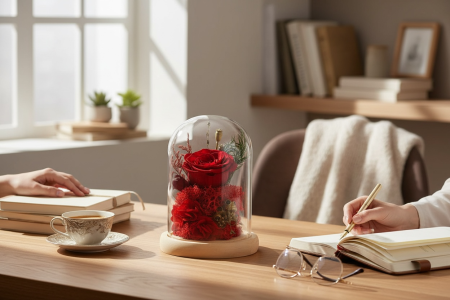 Trandafir Criogenat Rosu in Cupola Sticla cu Baza Lemn 17x12 cm, Durata 10 Ani [1]