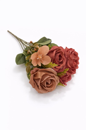 Buchet artificial 5 trandafiri si camelie aramiu cu maro, boboci decorativi, 30cm [2]