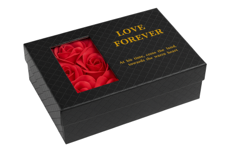 Aranjamente florale - Set cadou Love Forever cu 6 trandafiri din sapun, cutie luxury cu capac transparent, negru elegant, 12.5x9.5x5 cm