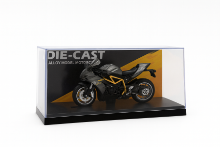 Motocicleta Metalica Die-Cast – Model Sport Gri-Negru cu Galben, 19x9 cm, cu Vitrina Transparenta [1]
