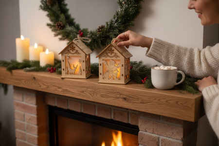 Casuta decor lemn Craciun cu lumini LED, model ren / Mos Craciun / om de zapada, 8x5.5x5cm [2]