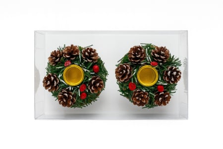 Decoratiuni si ornamente de Craciun Engros - Set 2 suporturi lumanari Craciun cu conuri de brad si decor verde, 20x11cm