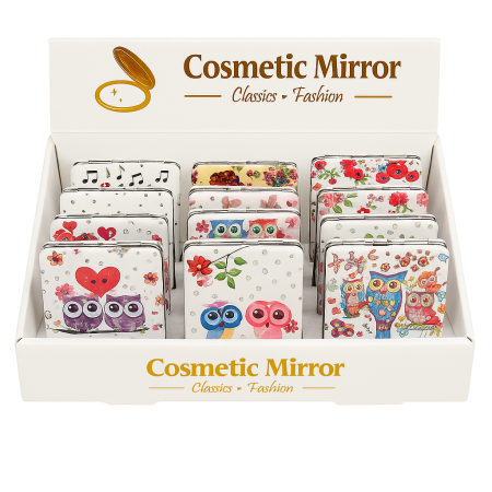 Set 12 oglinzi cosmetice 2 in 1 – modele cu bufnite si flori, design fashion [1]