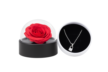 Aranjamente florale Engros - Cutie cadou Best Wishes cu trandafir din sapun si colier surpriza, 11x11x11 cm