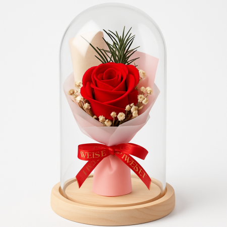 Cupola cu Trandafir Artificial Rosu in Buchet Decorativ 20cm cu Fundita Cadou [1]