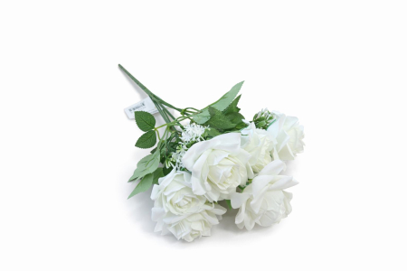 Buchet artificial deosebit cu 7 trandafiri catifelati alb pur si flori decorative 30 cm [1]